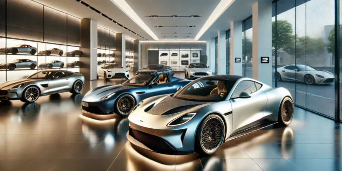 A high-quality photograph of a collection of luxury cars, including a hot hatch, a sports sedan, and a convertible, parked inside a well-lit, modern showroom. Each vehicle showcases a sleek, polished exterior, reflecting the ambient lighting, symbolizing high-value assets that require strategic estate planning for preservation and transfer. The showroom features a spacious, elegant design with premium flooring, glass walls, and ambient LED lighting. The background includes subtle details like luxury brand logos, a security system panel, and a minimalist aesthetic. The lighting is balanced to highlight each car's design and exclusivity. Created using: ultra-HD resolution, realistic reflections, cinematic lighting, depth of field focus, luxury branding elements, modern showroom architecture, professional-grade photography techniques, and high-contrast detailing.